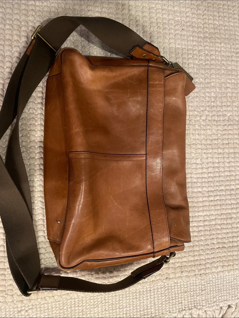Coach Tan Brown Leather Messenger Bag with Dark Brown Strap